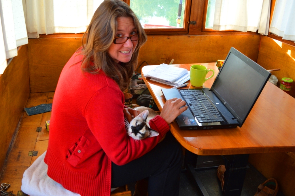 On board our Dutch barge again - with Lily the cat who adopted us! And we're still renovating.