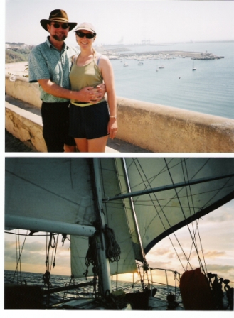 Noel & Jackie in Portugal (top). Down-wind sailing on Mariah - this brings tears of joyful memories...