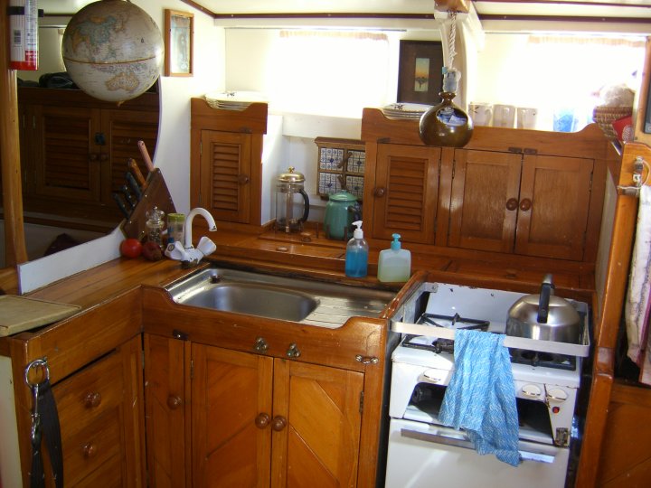 Our galley - where the bread making tuition took place - while Noel was with Aqualung!