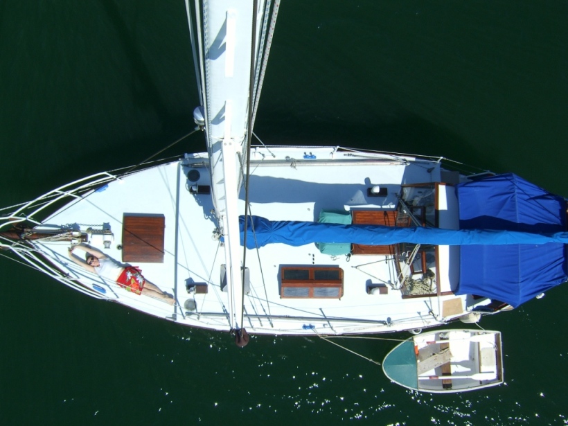 Noel and I took it in turns with all the jobs on board. Noel took his camera up the mast - you can just see me on deck.