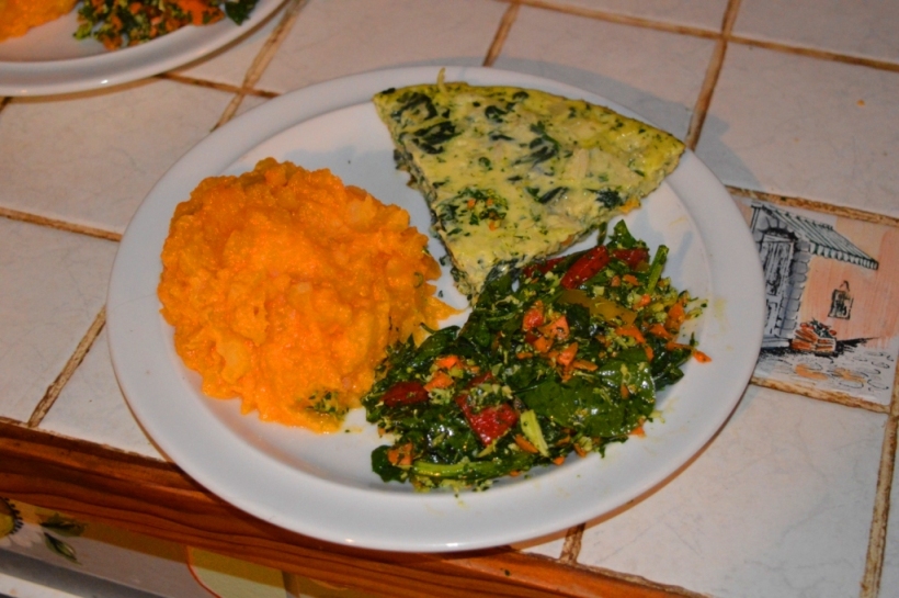 We'd worked hard that day - so I added pumpkin and potato mash and a delicious salad of spinnach, fresh parsley, carrot, zuchinni, onion - yum!