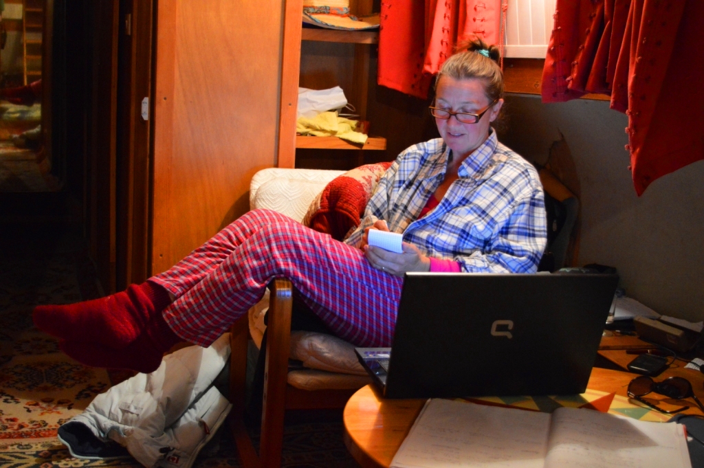Renovating a 1920 Dutch barge in France. In the background was welding, grinding, hammering etc - it was bedlam and very hard to work/live in the same room as the renovations!