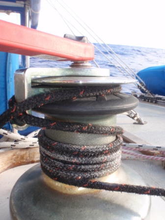 Salt encrusted lines, close to sinking en route to Easter Island, then even closer to losing the boat at the Gambiers!