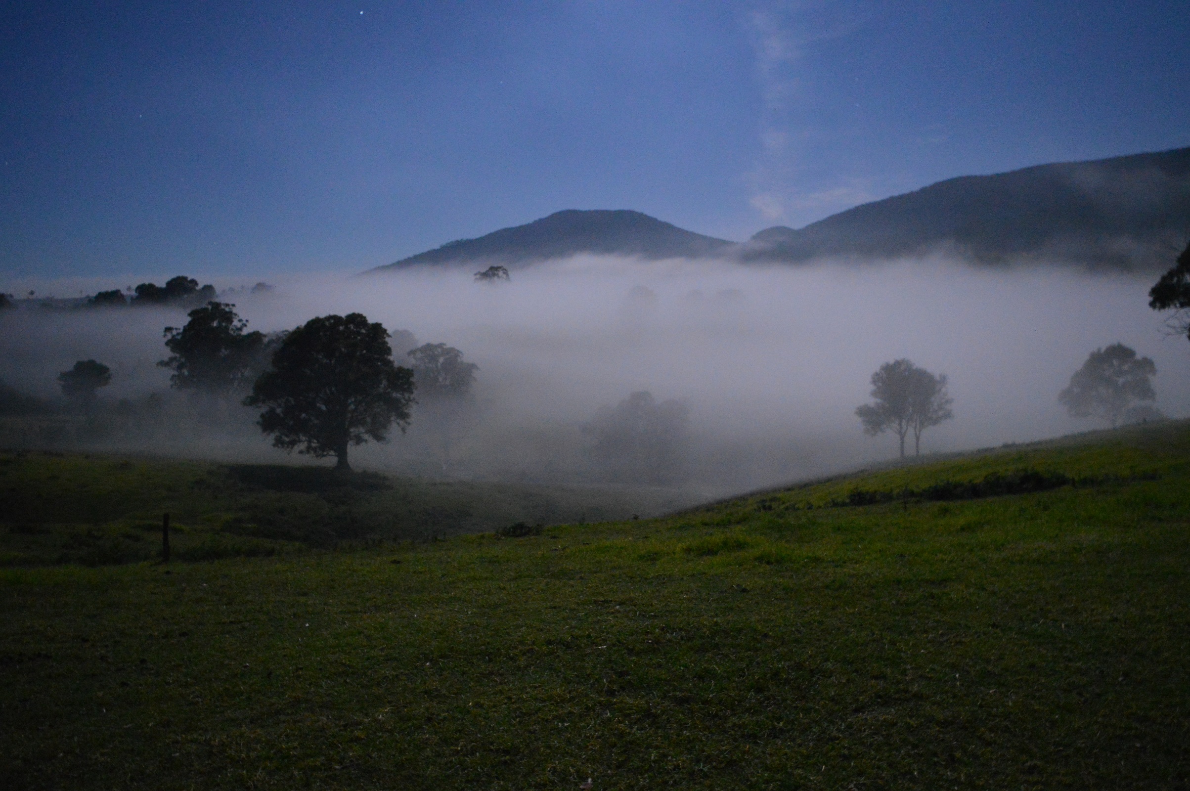 Mist rolling along our land under a full moon!